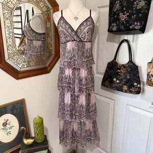 Y2K Chaudry KC Light Pink, Black & Gunmetal Beaded Boho Crinkle Tiered Dress S